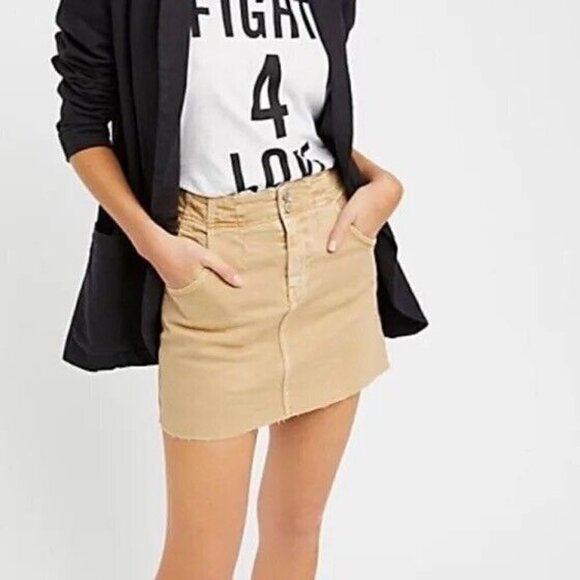 Free People Womens Corsette Denim Mini Skirt Sz 10 Tan Buckle Back Cut Off Boho - Picture 1 of 8